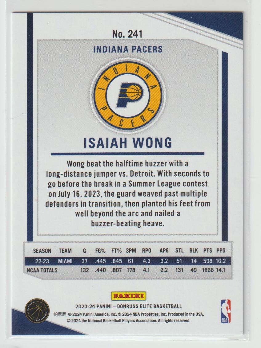 241 Isaiah Wong, Indiana Pacers Hyper Green International 6/24