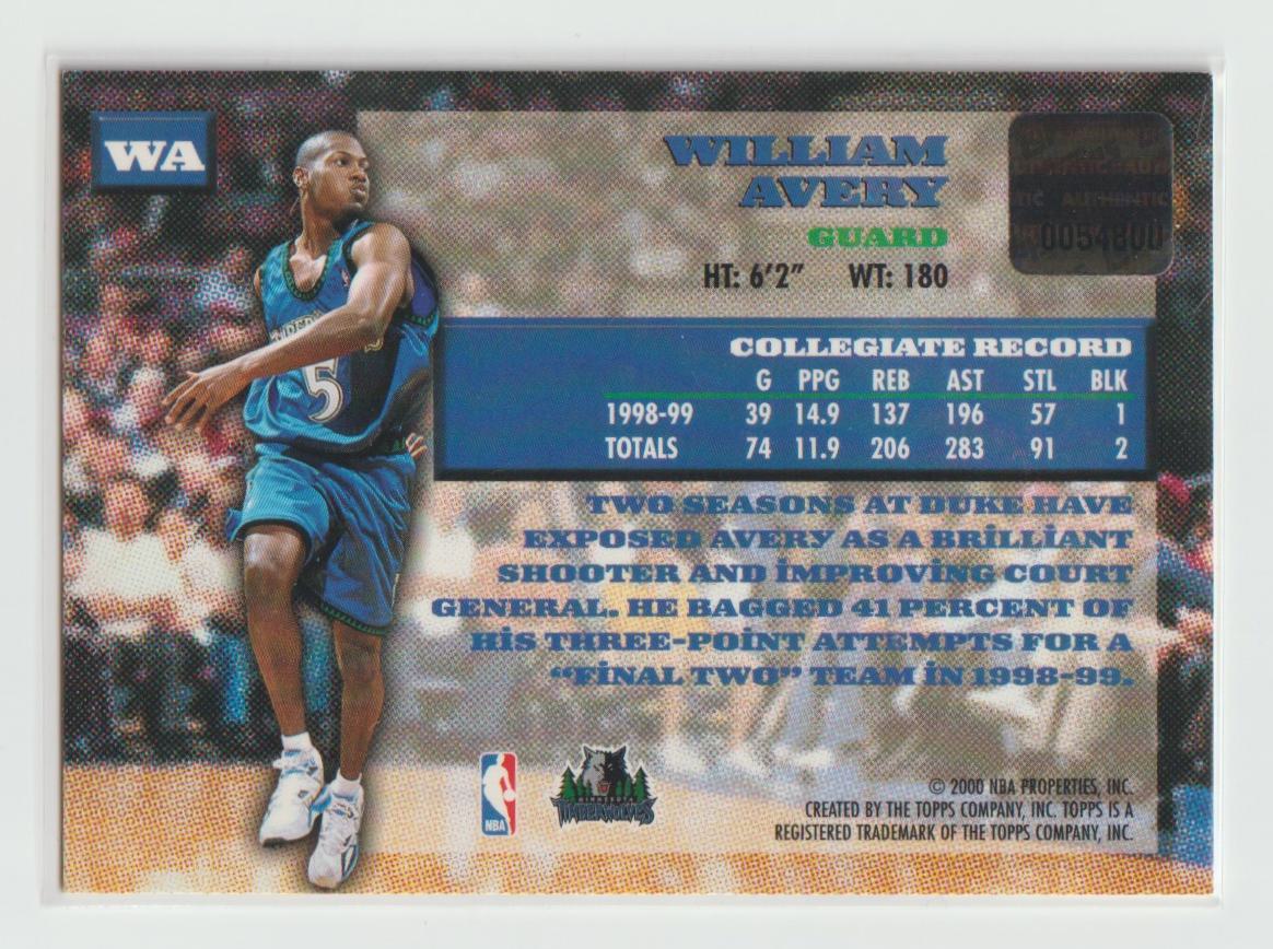 Topps Certified Auto WA William Avery Minnesota Timberwolves