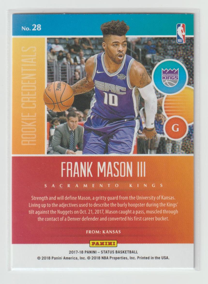 Rookie Credentials 28 Frank Mason III - Sacramento Kings