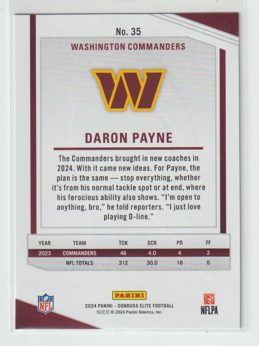 035 Daron Payne, Washington Commanders Purple 12/49
