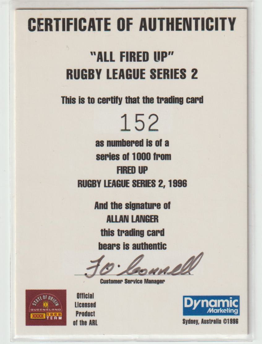 All Fired Up Signature A2 Allan Langer QLD Maroons 152/1000