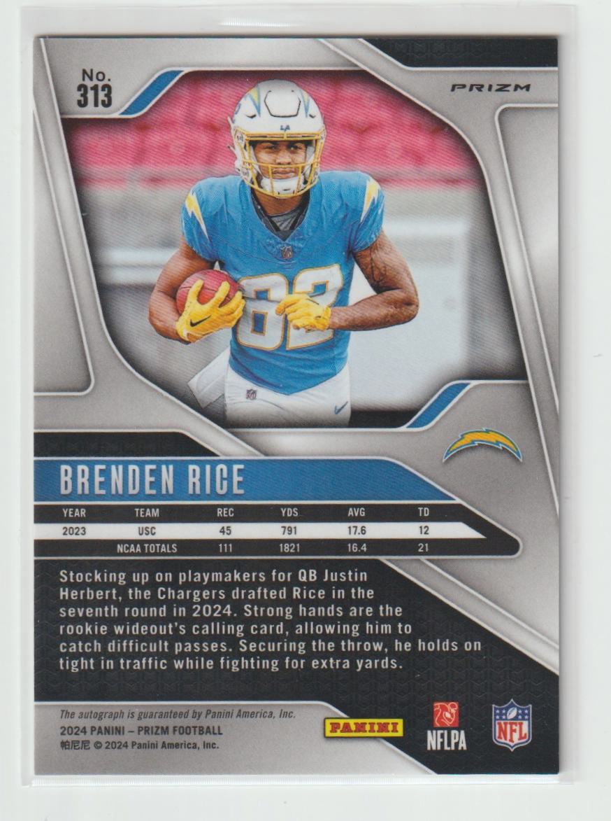 Rookie Autographs 313 Brenden Rice, Los Angeles Chargers Silver Prizm