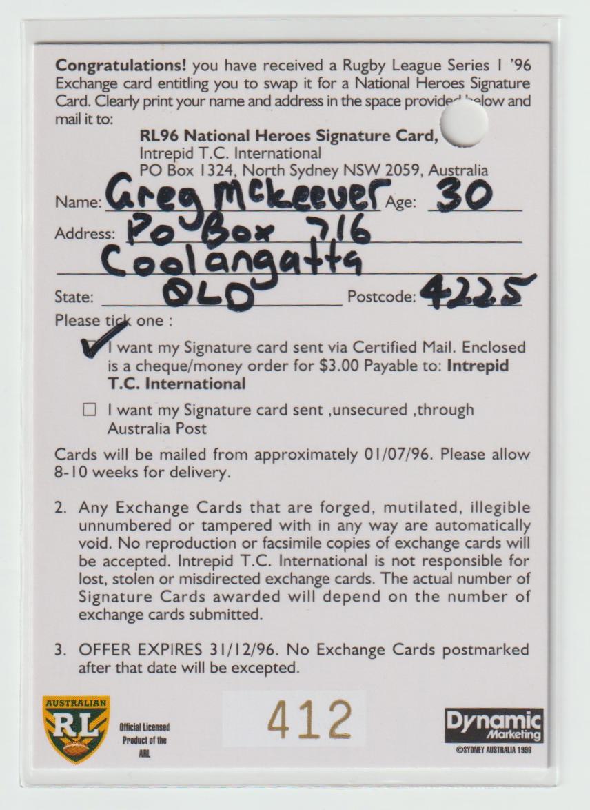 National Heroes Signature NH5 Steve Renouf 412/1000