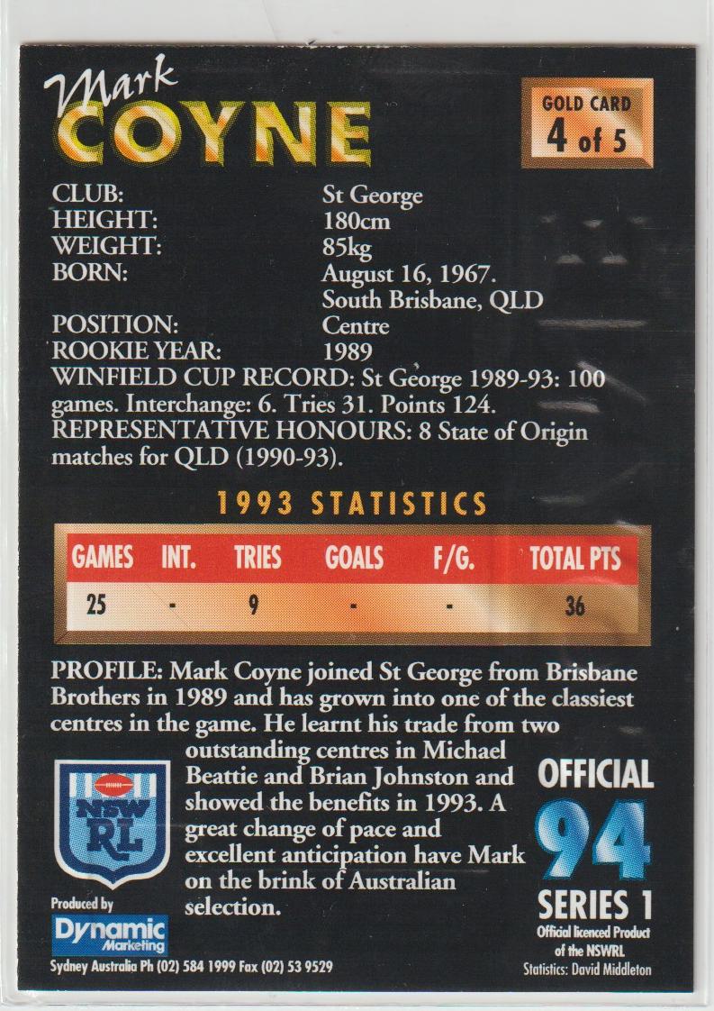 G4 Mark Coyne St George Dragons Embossed Gold Card