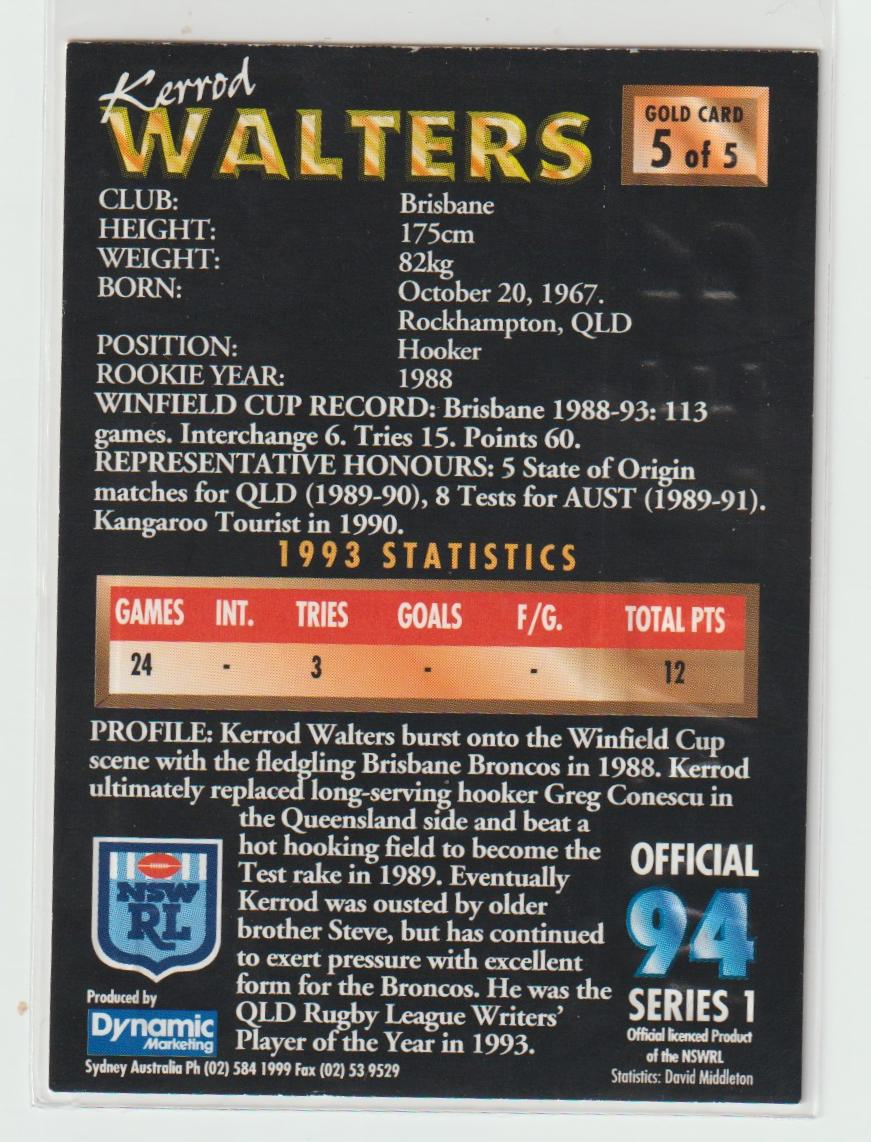 G5 Kerrod Walters Brisbane Broncos Embossed Gold Card