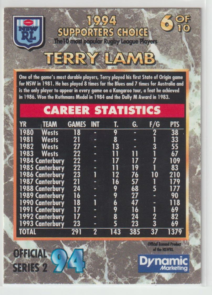 1994 Supporters Choice Top 10 6 Terry Lamb Canter Bankstown Bulldogs