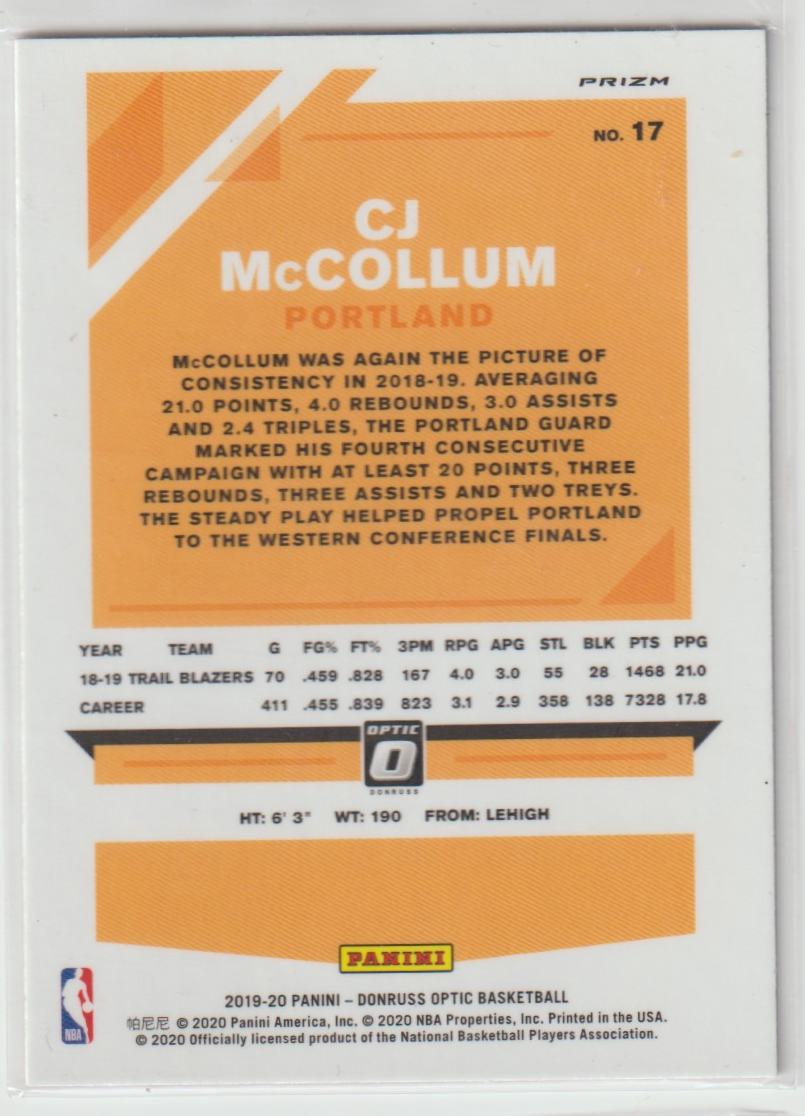 017 CJ McCollum - Portland Trail Blazers Hyper Pink Prizm
