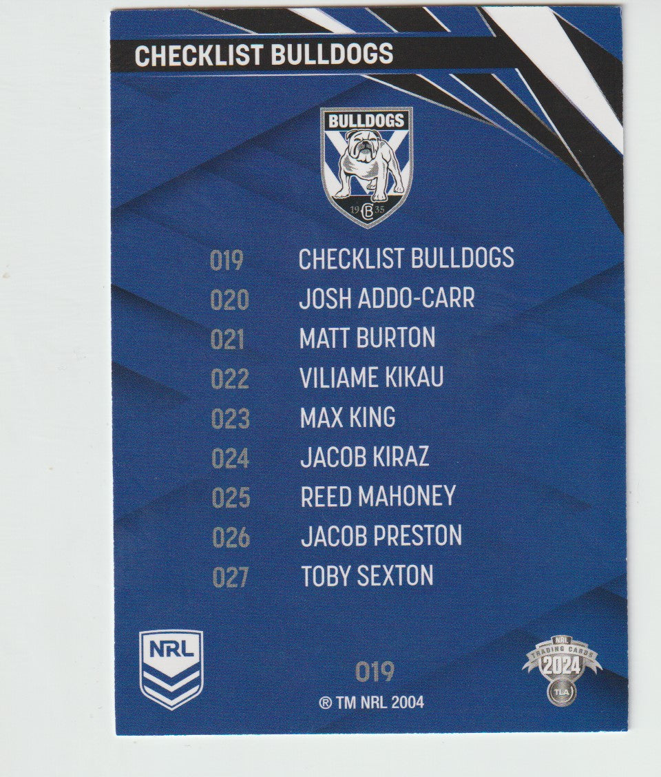 019 BULLDOGS CHECKLIST