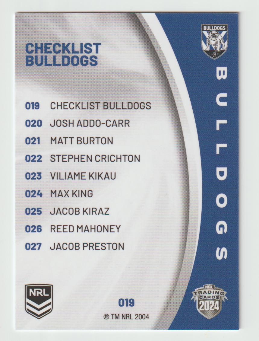 019 BULLDOGS CHECKLIST