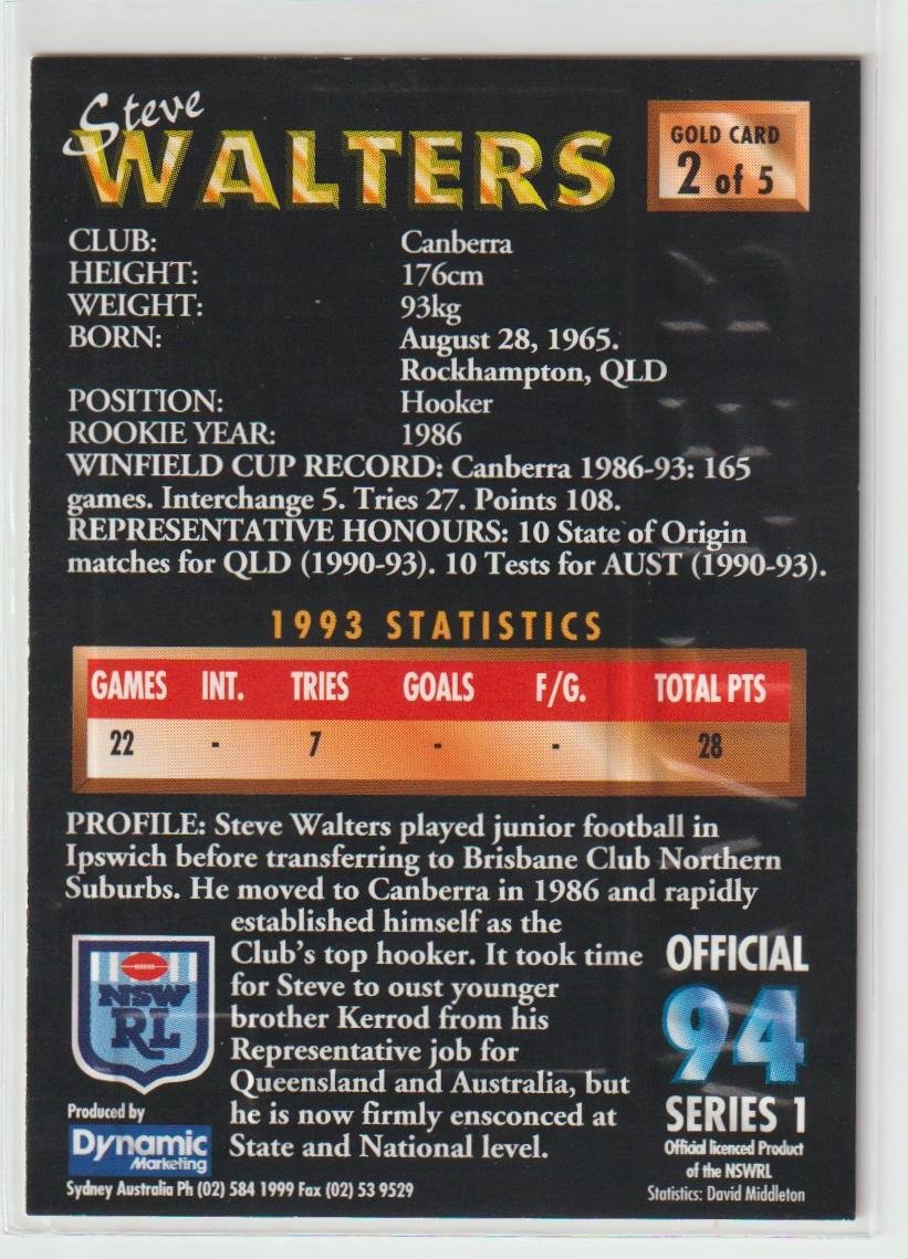 G2 Steve Walters Canberra Raiders Embossed Gold Card