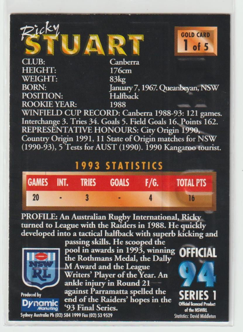 G1 Ricky Stuart Canberra Raiders Embossed Gold Card