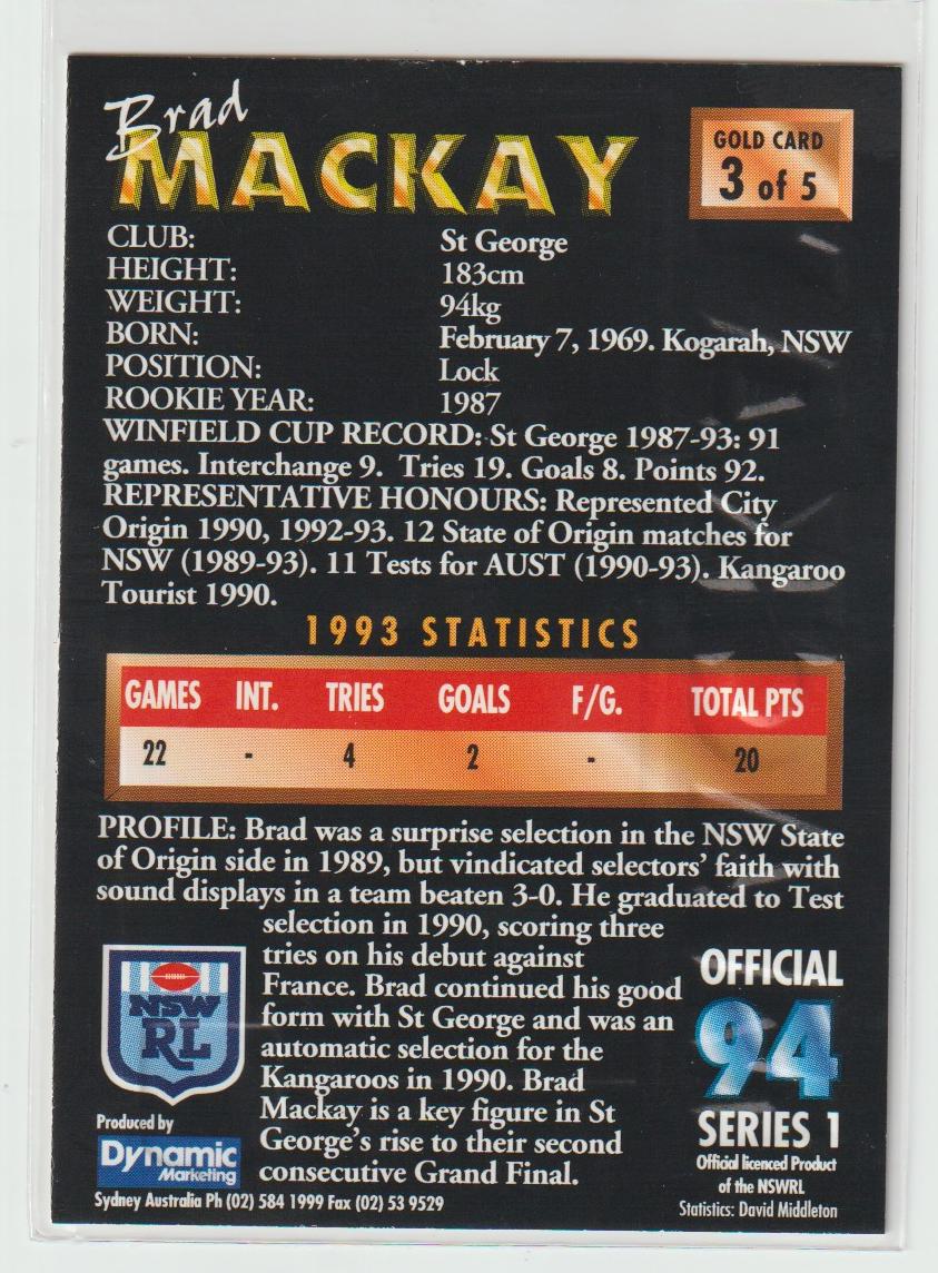 G3 Brad Mackay St George Dragons Embossed Gold Card