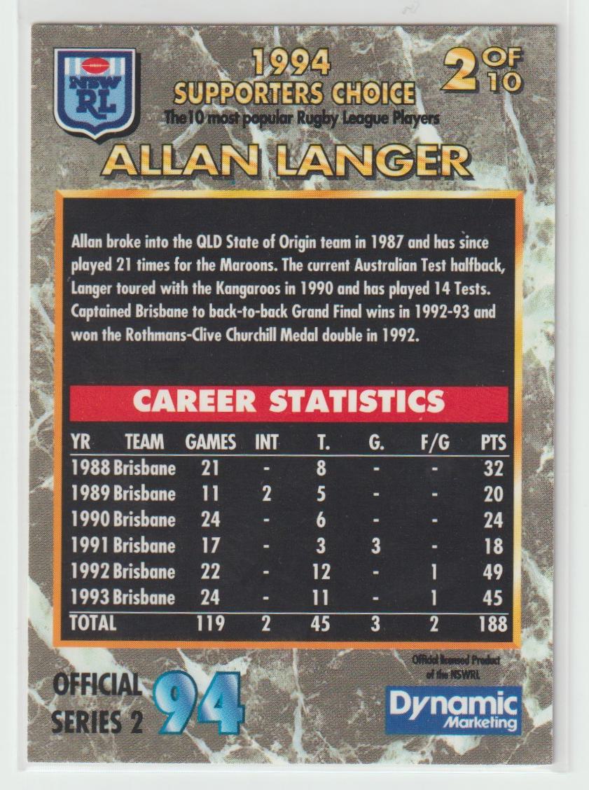 1994 Supporters Choice Top 10 2 Allan Langer Brisbane Broncos