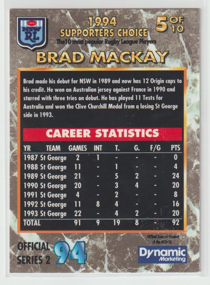 1994 Supporters Choice Top 10 5 Brad Mackay St George Dragons
