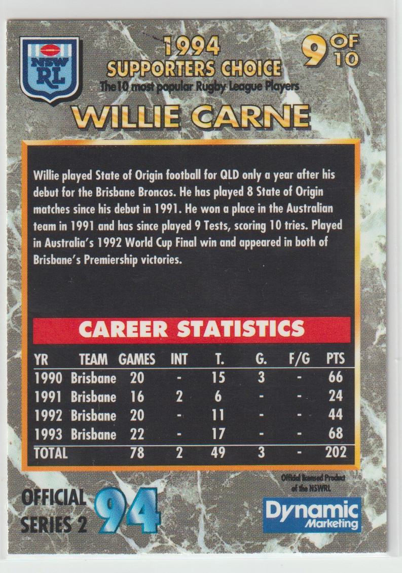 1994 Supporters Choice Top 10 9 Willie Carne Brisbane Broncos